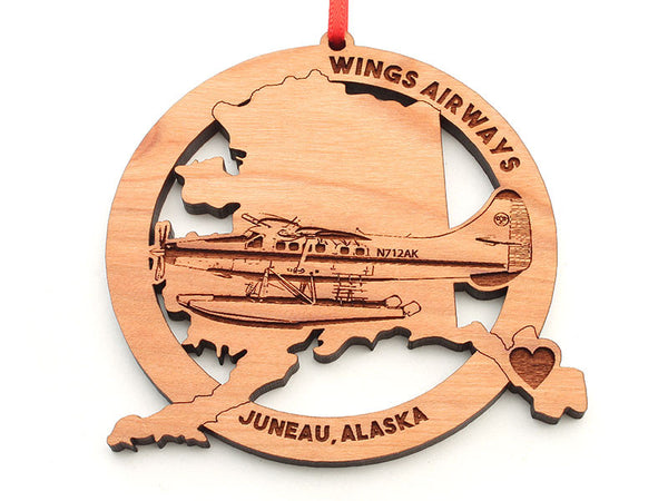 Wings Airways Alaska State Shape Ornament with Float Plane Insert