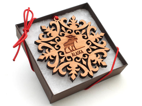 Alaska Moose Medallion Snowflake Ornament Gift Box