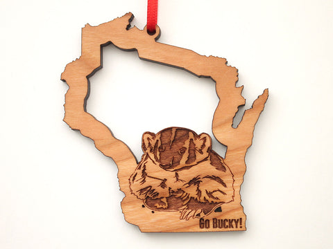 Wisconsin State Ornament with Badger Insert and Go Bucky Engraving