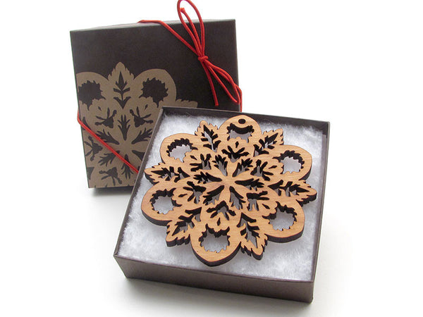 Detailed 3 1/2" Wood Snowflake Ornament Gift Box - Design B - Nestled Pines - 2