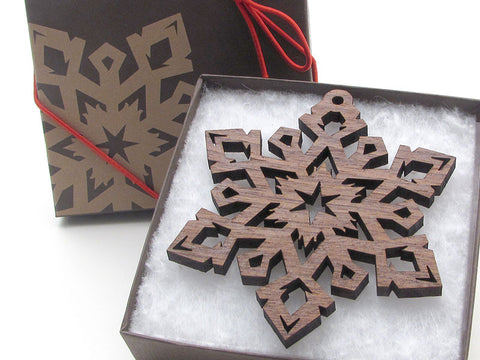 Detailed 3 1/2" Wood Snowflake Ornament Gift Box - Design E - Nestled Pines - 1