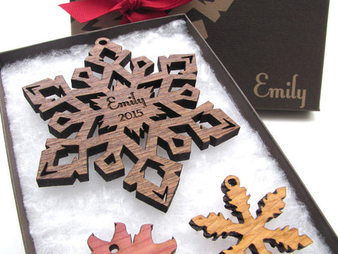 Custom Engraved Christmas Snowflake Ornament Gift Box Set - Nestled Pines - 1