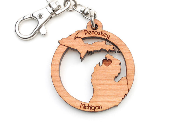 Ciao Bella Petoskey Michigan State Shape Custom Wood Key Chain - Nestled Pines