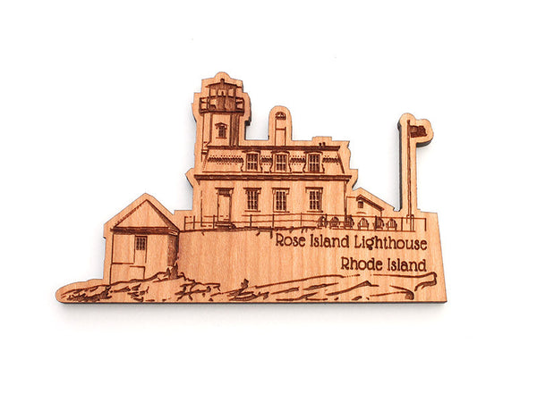 Rose Island Lighthouse Custom Wood Magnet - Nestled Pines