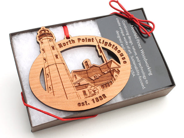 North Point Lighthouse Oval Custom Wood Ornament - Nestled Pines - 1