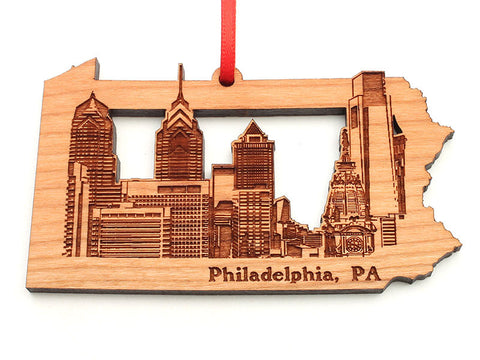 Philadelphia City Skyline in a Pennsylvania State Shape Cut Out Ornament