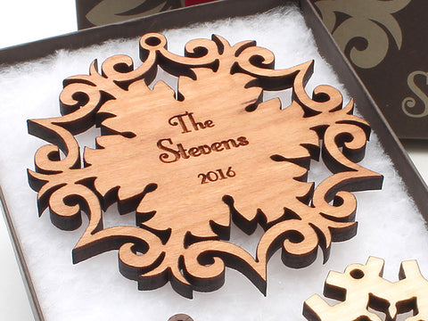 Wrought Iron Design Family Name Personalized Wood Snowflake Christmas Ornament - Nestled Pines - 1