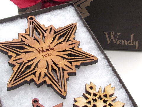 Christmas Star Custom Engraved Wood Snowflake Ornament - Nestled Pines - 1